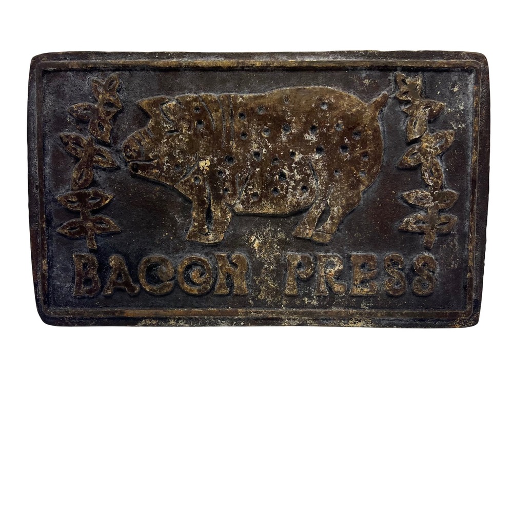 Bacon Press Cast Iron Embossed Pig Vines Design‎ Wood Handle Vintage Heavy Duy